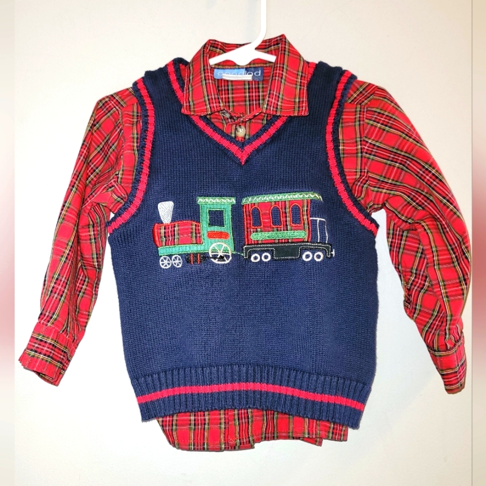 Toddler Boys Bundle Matching Navy Train Knit Sweater Vest & Red Plaid Shirt 24 m